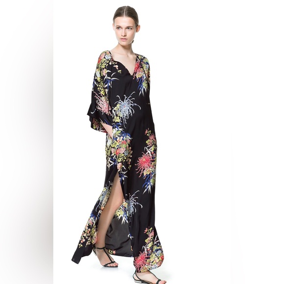 Zara Black Floral V-Neck Kaftan Maxi Dress Small - Picture 2 of 10